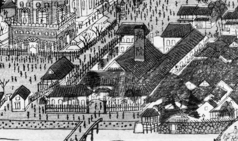 錦絵に描かれた東中洲の福岡医学校付属病院（明治20年）。中央に「病院」と見える。